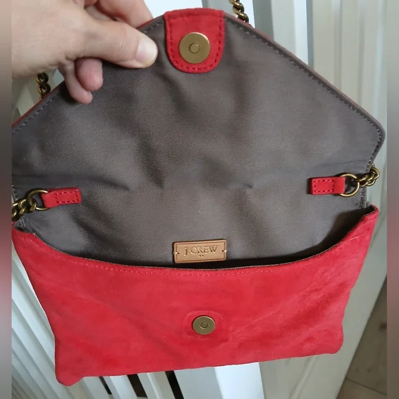 J.Crew Studded Red Suede leather Envelope clutch with chain - Picture 3 of 6